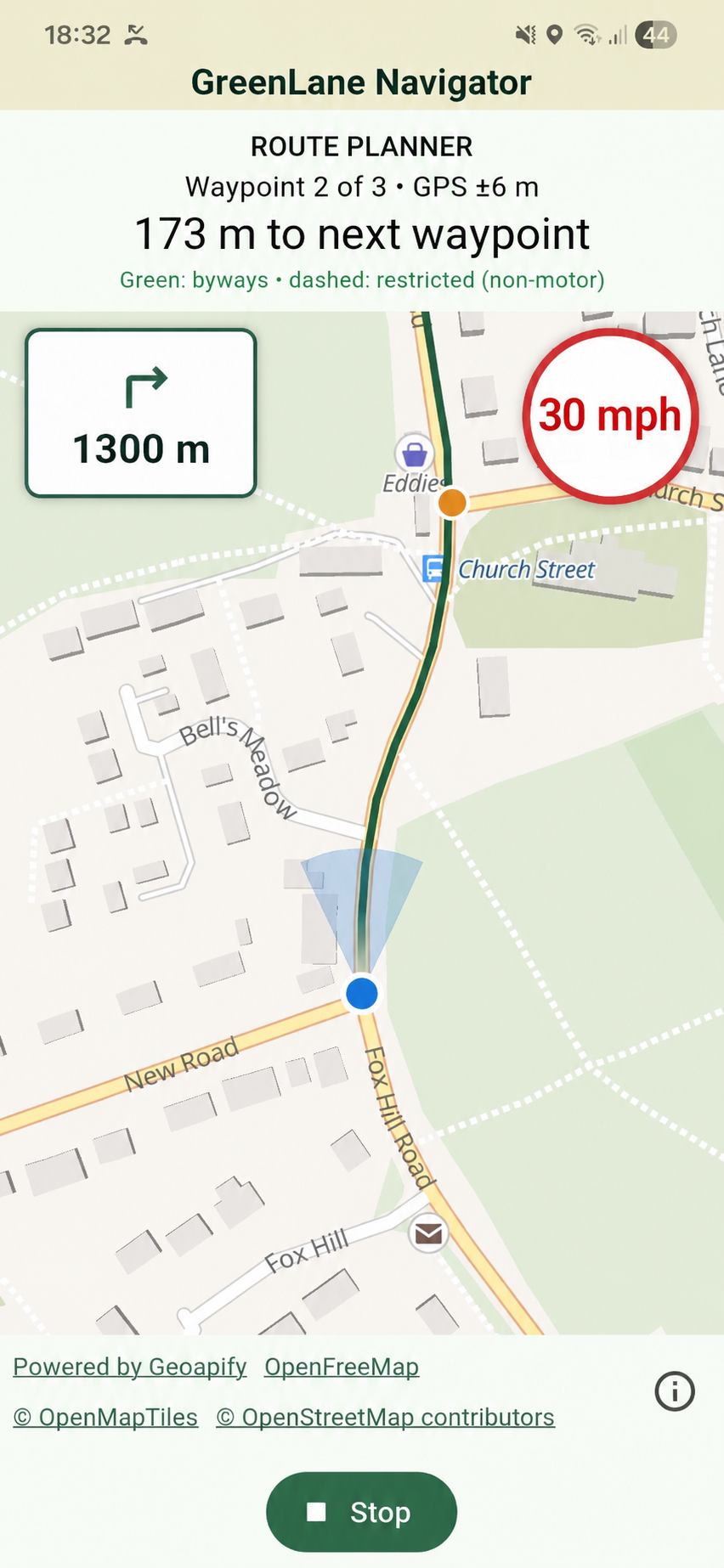 GreenLane Navigator navigating a route, with waypoint progress, a turn indicator and a speed display of 30 mph.